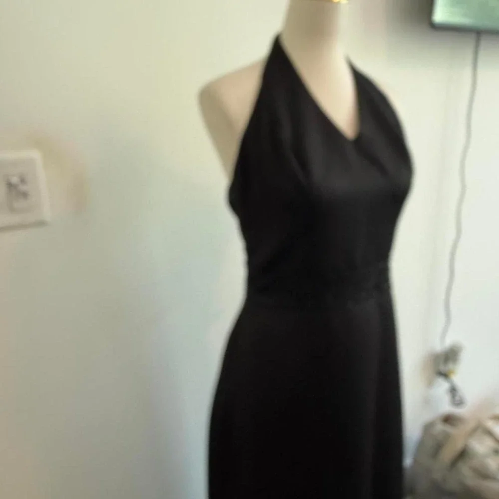 Vintage By Venus Black Satin‎ Halter Gown w/ Beaded Waist — Size 8